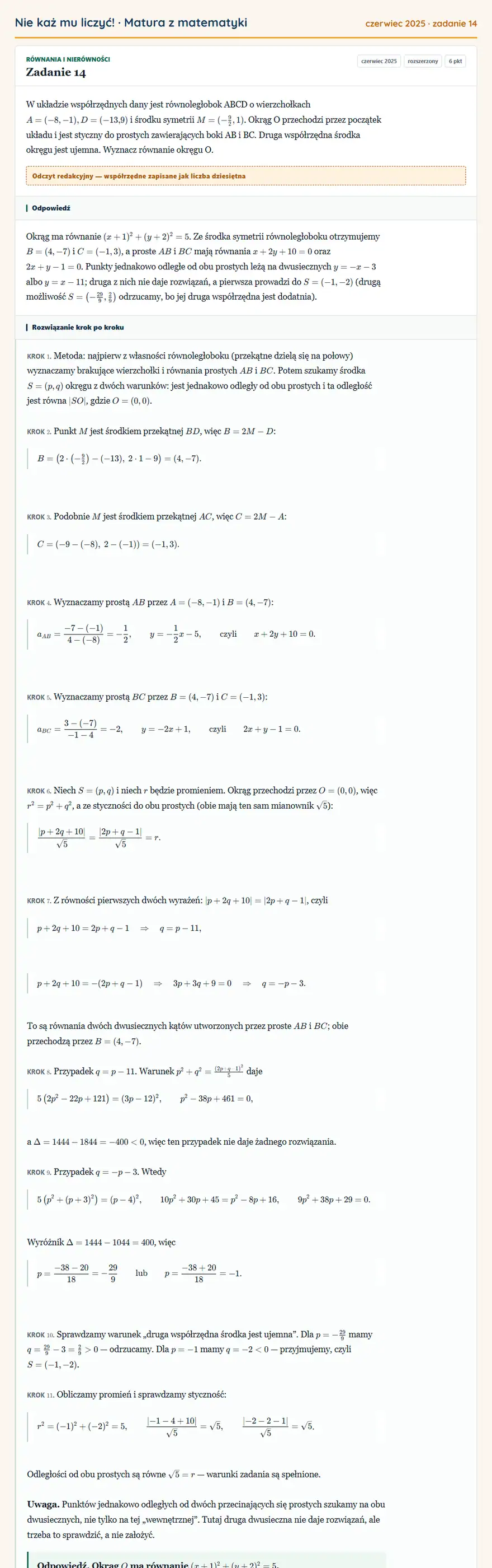 Rozwiązanie zadania 14 (matura z matematyki czerwiec 2025): W układzie współrzędnych dany jest równoległobok ABCD o wierzchołkach A=(-8,-1), D=(-13,9) i środku symetrii…