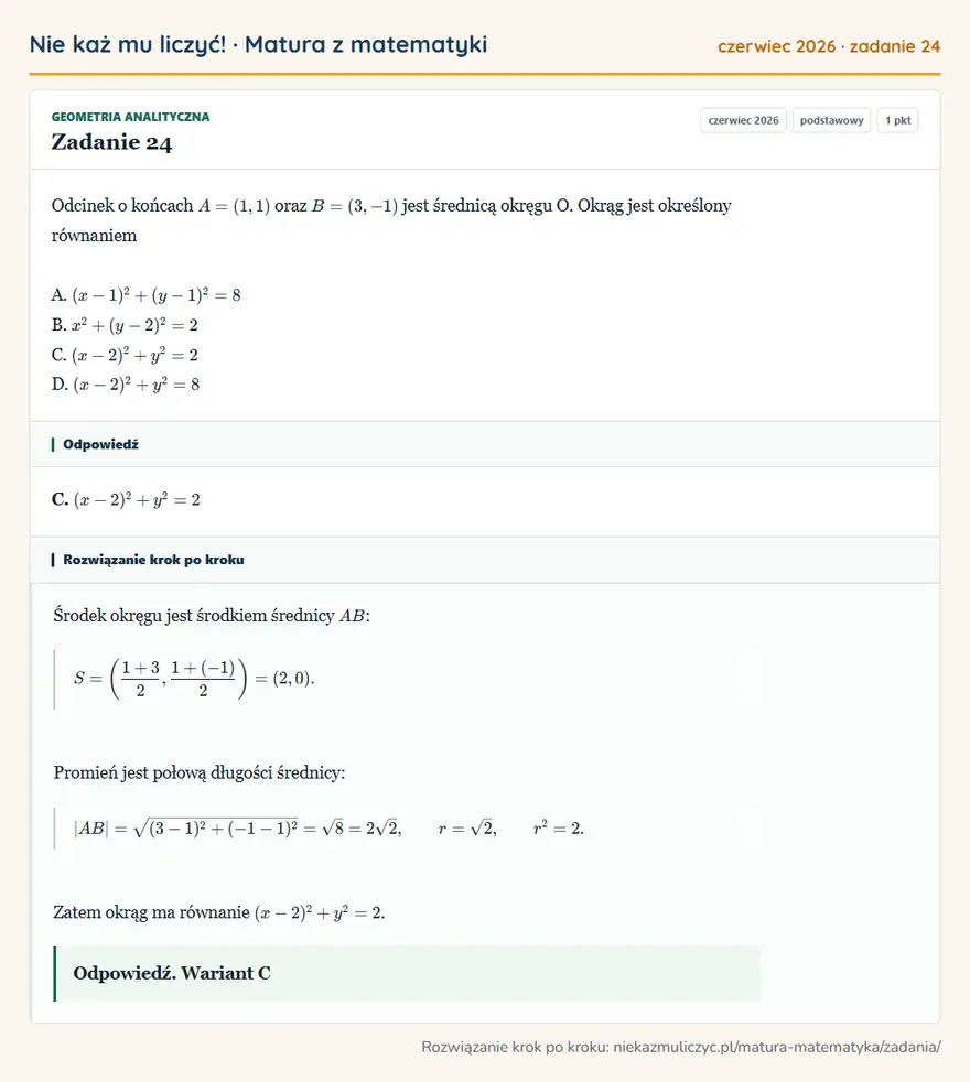 Rozwiązanie zadania 24, matura z matematyki czerwiec 2026, poziom podstawowy: Odcinek o końcach A = (1, 1) oraz B = (3, -1) jest średnicą okręgu O. Okrąg jest określony równaniem A. (x … Odpowiedź: C. (x-2)²+y²=2