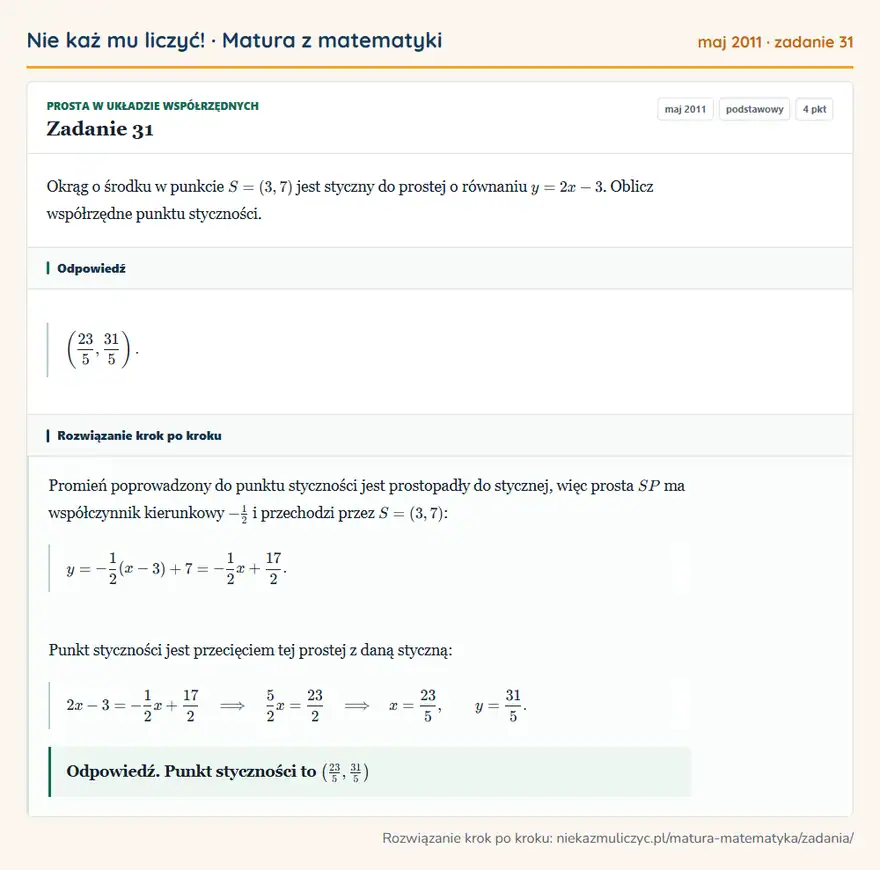 Rozwiązanie zadania 31 (matura z matematyki maj 2011): Okrąg o środku w punkcie S=(3,7) jest styczny do prostej o równaniu y=2x-3. Oblicz współrzędne punktu…