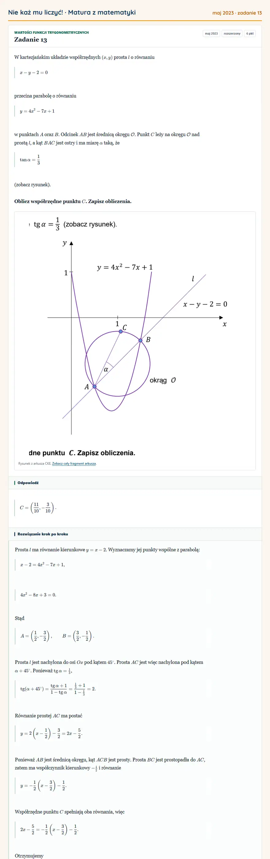 Rozwiązanie zadania 13 (matura z matematyki maj 2023): W kartezjańskim układzie współrzędnych (x,y) prosta l o równaniu x-y-2=0 przecina parabolę o równaniu…