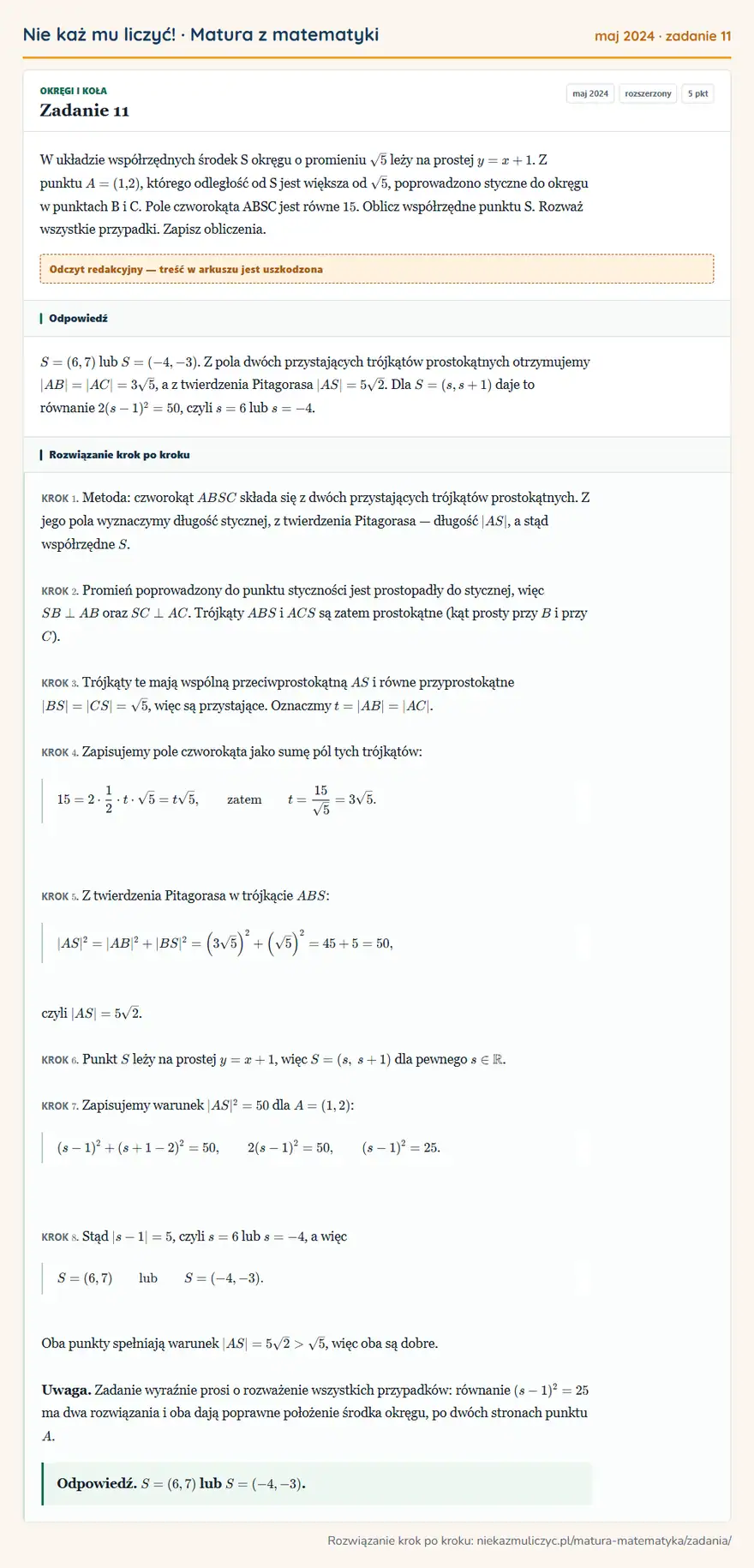 Rozwiązanie zadania 11, matura z matematyki maj 2024, poziom rozszerzony: W układzie współrzędnych środek S okręgu o promieniu √5 leży na prostej y=x+1. Z punktu A=(1,2), którego…