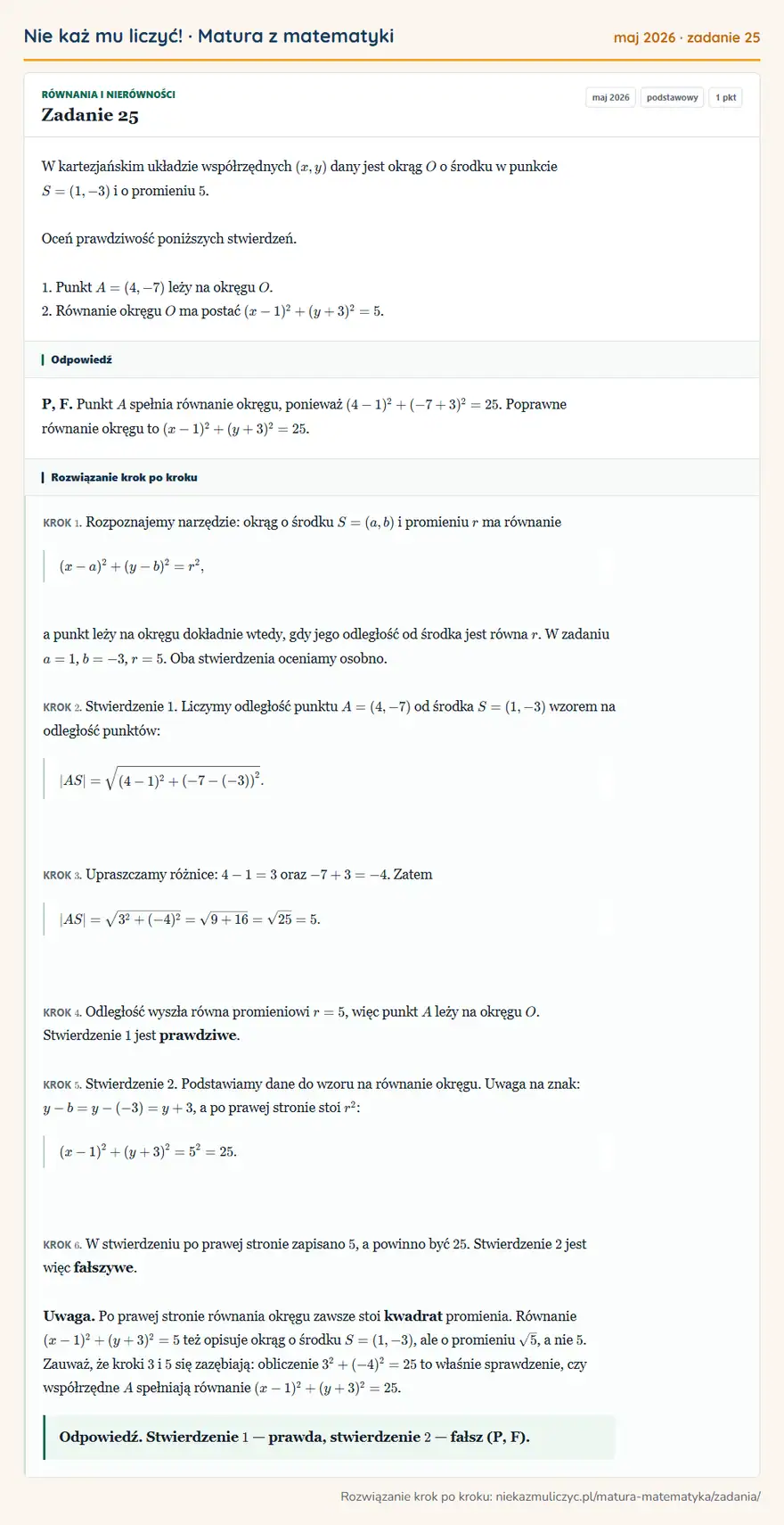 Rozwiązanie zadania 25 (matura z matematyki maj 2026): W kartezjańskim układzie współrzędnych (x,y) dany jest okrąg O o środku w punkcie S=(1,-3) i o promieniu 5…
