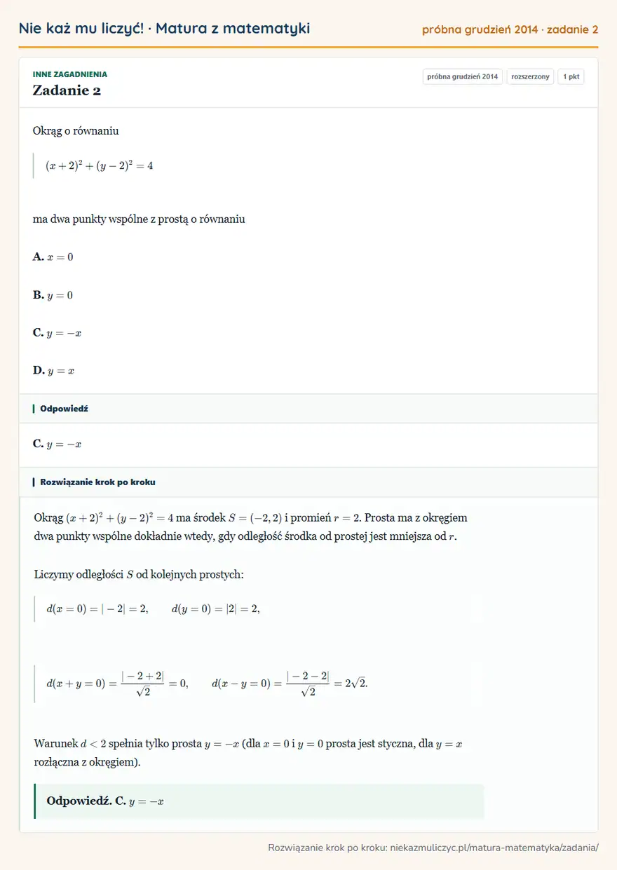 Rozwiązanie zadania 2, matura z matematyki próbna grudzień 2014, poziom rozszerzony: Okrąg o równaniu (x+2)²+(y-2)²=4 ma dwa punkty wspólne z prostą o równaniu A. x=0 B. y=0 C. y=-x D. y=x Odpowiedź: C. y=-x