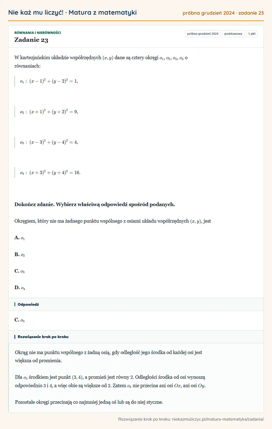 Rozwiązanie zadania 23, matura z matematyki próbna grudzień 2024, poziom podstawowy: W kartezjańskim układzie współrzędnych (x,y) dane są cztery okręgi o1, o2, o3, o4 o równaniach: o1… Odpowiedź: C. o3