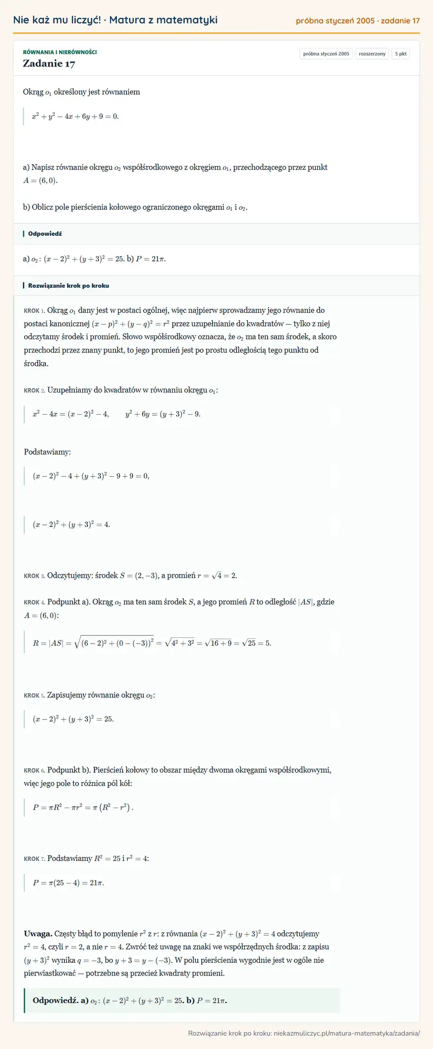 Rozwiązanie zadania 17 (matura z matematyki próbna styczeń 2005): Okrąg o1 określony jest równaniem x²+y²-4x+6y+9=0. a) Napisz równanie okręgu o2 współśrodkowego z okręgiem…