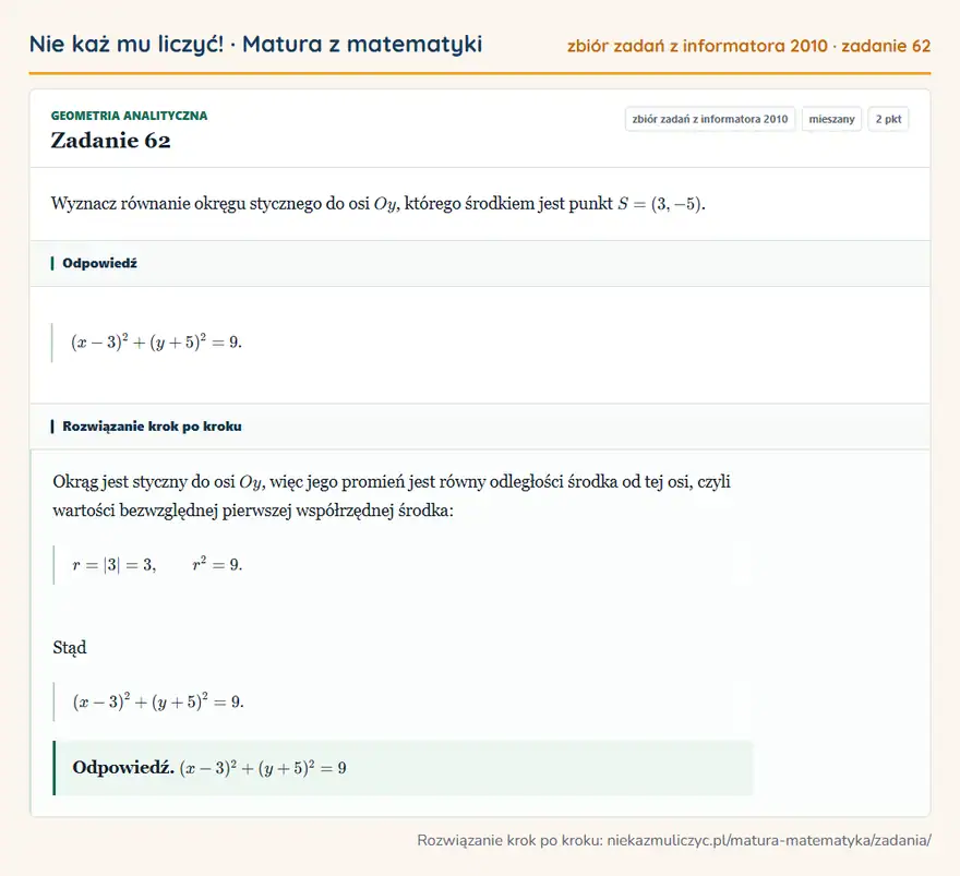 Rozwiązanie zadania 62 (zbiór zadań z informatora CKE 2010): Wyznacz równanie okręgu stycznego do osi Oy, którego środkiem jest punkt S=(3,-5).