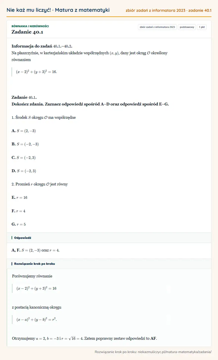 Rozwiązanie zadania 40.1 (zbiór zadań z informatora CKE 2023): Informacja do zadań 40. 1.– 40. 2. Na płaszczyźnie, w kartezjańskim układzie współrzędnych (x,y), dany jest…