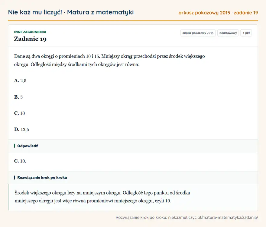 Rozwiązanie zadania 19 (matura z matematyki, arkusz pokazowy 2015): Dane są dwa okręgi o promieniach 10 i 15. Mniejszy okrąg przechodzi przez środek większego okręgu. Odległość…