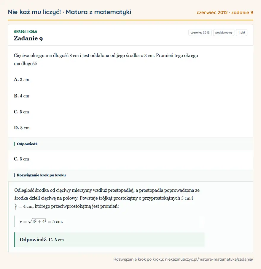 Rozwiązanie zadania 9, matura z matematyki czerwiec 2012, poziom podstawowy: Cięciwa okręgu ma długość 8 cm i jest oddalona od jego środka o 3 cm. Promień tego okręgu ma długość A. 3 cm… Odpowiedź: C. 5 cm