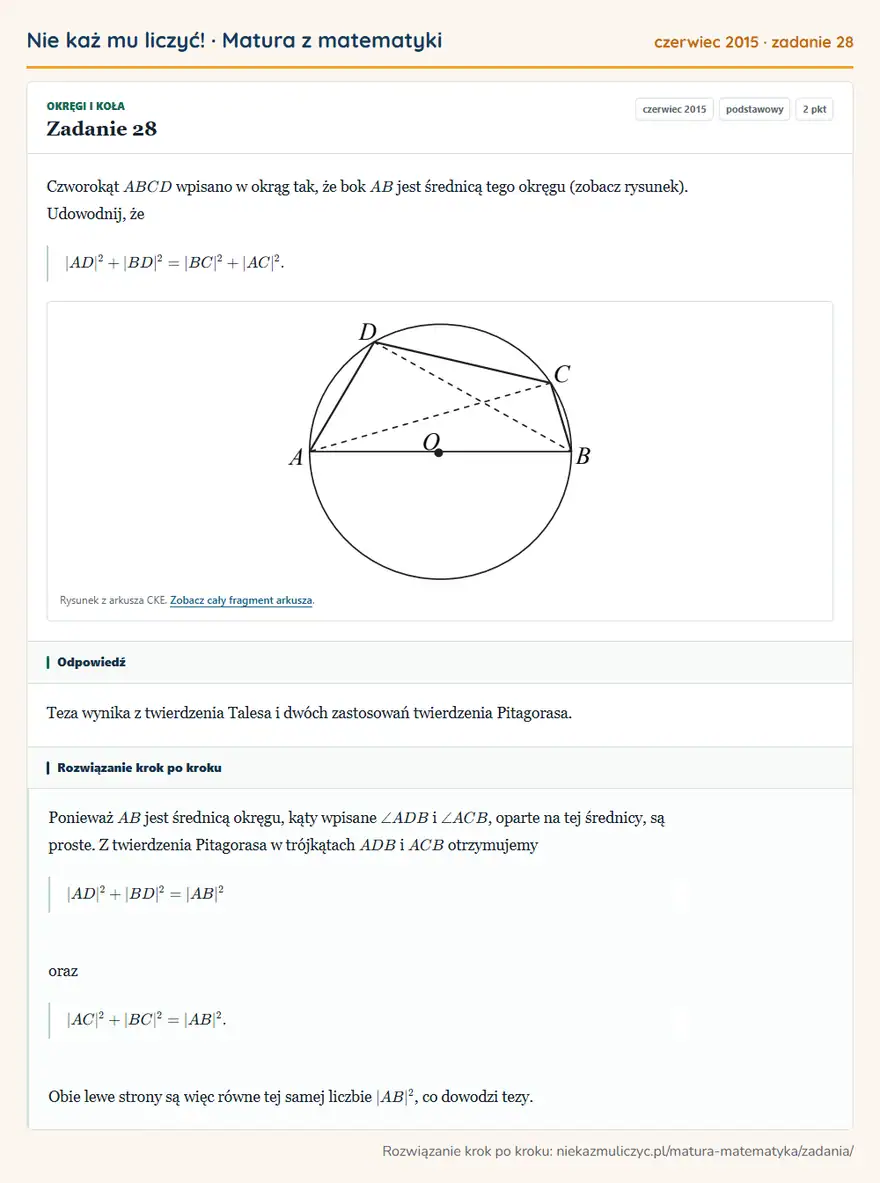 Rozwiązanie zadania 28 (matura z matematyki czerwiec 2015): Czworokąt ABCD wpisano w okrąg tak, że bok AB jest średnicą tego okręgu (zobacz rysunek). Udowodnij, że…