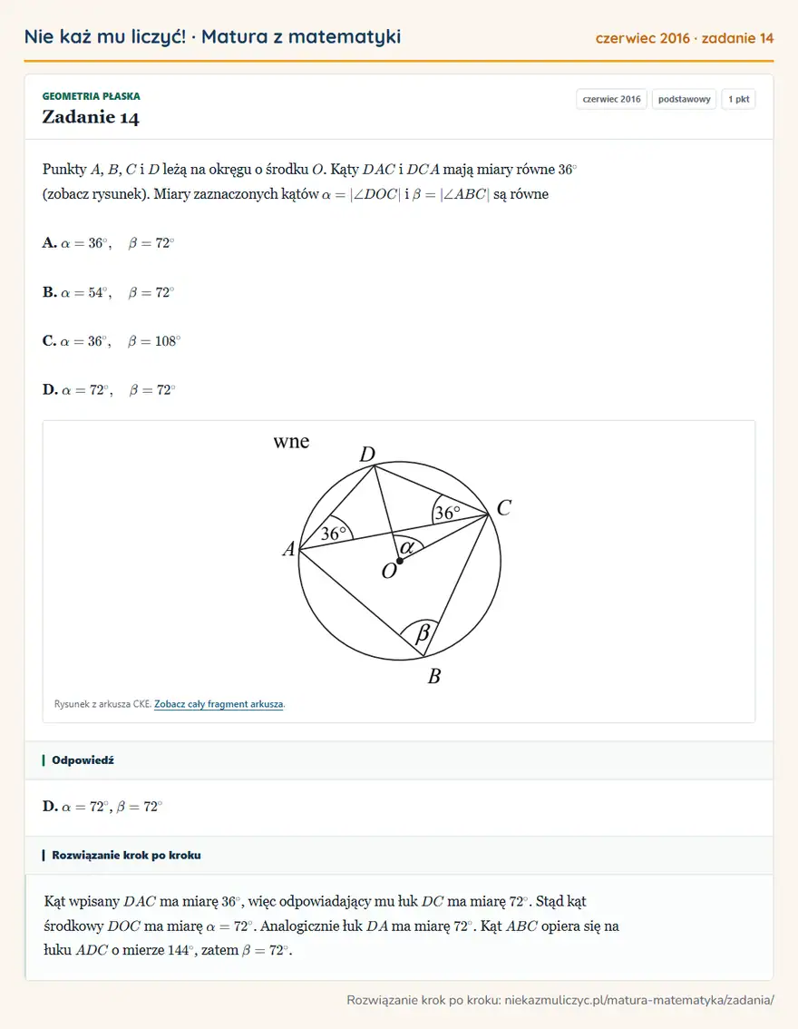 Rozwiązanie zadania 14 (matura z matematyki czerwiec 2016): Punkty A, B, C i D leżą na okręgu o środku O. Kąty DAC i DCA mają miary równe 36° (zobacz rysunek). Miary…