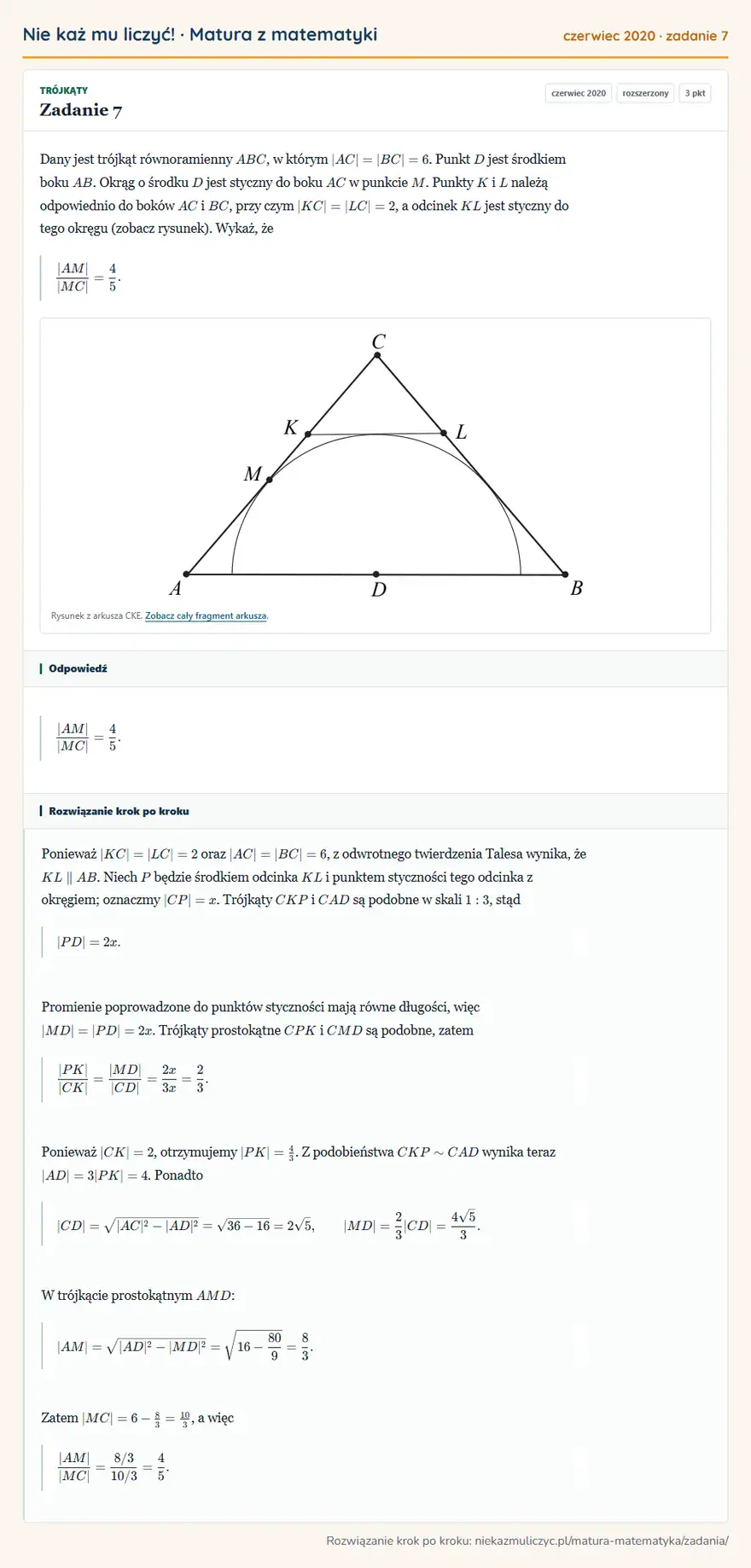 Rozwiązanie zadania 7 (matura z matematyki czerwiec 2020): Dany jest trójkąt równoramienny ABC, w którym |AC|=|BC|=6. Punkt D jest środkiem boku AB. Okrąg o środku D…