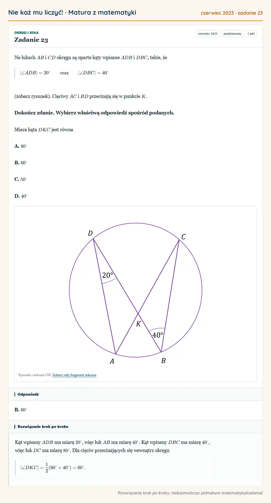 Rozwiązanie zadania 23 (matura z matematyki czerwiec 2023): Na łukach AB i CD okręgu są oparte kąty wpisane ADB i DBC, takie, że |∠ ADB|=20° oraz |∠ DBC|=40° (zobacz…
