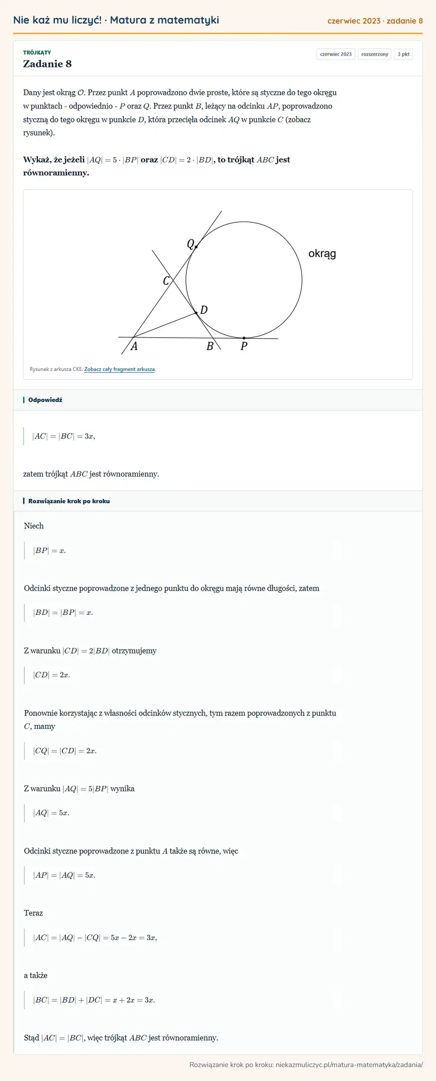 Rozwiązanie zadania 8 (matura z matematyki czerwiec 2023): Dany jest okrąg O. Przez punkt A poprowadzono dwie proste, które są styczne do tego okręgu w punktach …