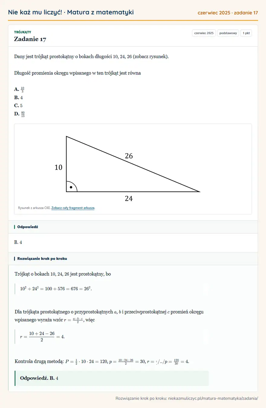 Rozwiązanie zadania 17 (matura z matematyki czerwiec 2025): Dany jest trójkąt prostokątny o bokach długości 10, 24, 26 (zobacz rysunek). Długość promienia okręgu…