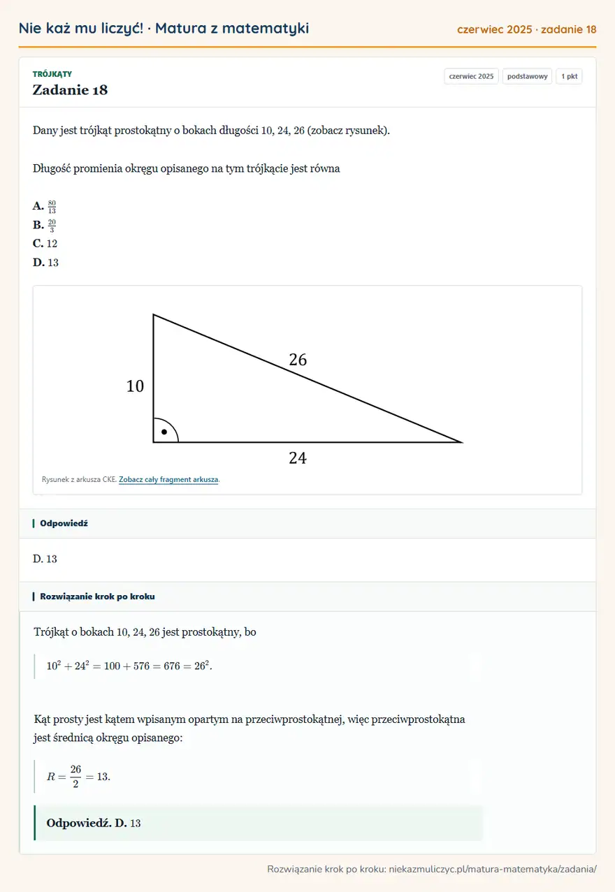 Rozwiązanie zadania 18 (matura z matematyki czerwiec 2025): Dany jest trójkąt prostokątny o bokach długości 10, 24, 26 (zobacz rysunek). Długość promienia okręgu…