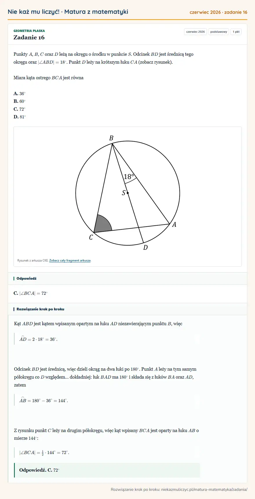 Rozwiązanie zadania 16 (matura z matematyki czerwiec 2026): Punkty A, B, C oraz D leżą na okręgu o środku w punkcie S. Odcinek BD jest średnicą tego okręgu oraz ∠…