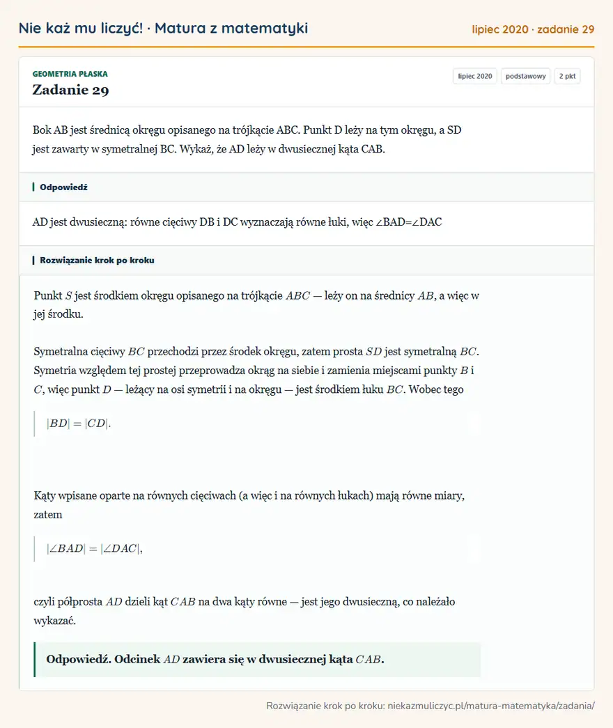 Rozwiązanie zadania 29 (matura z matematyki lipiec 2020): Bok AB jest średnicą okręgu opisanego na trójkącie ABC. Punkt D leży na tym okręgu, a SD jest zawarty w…