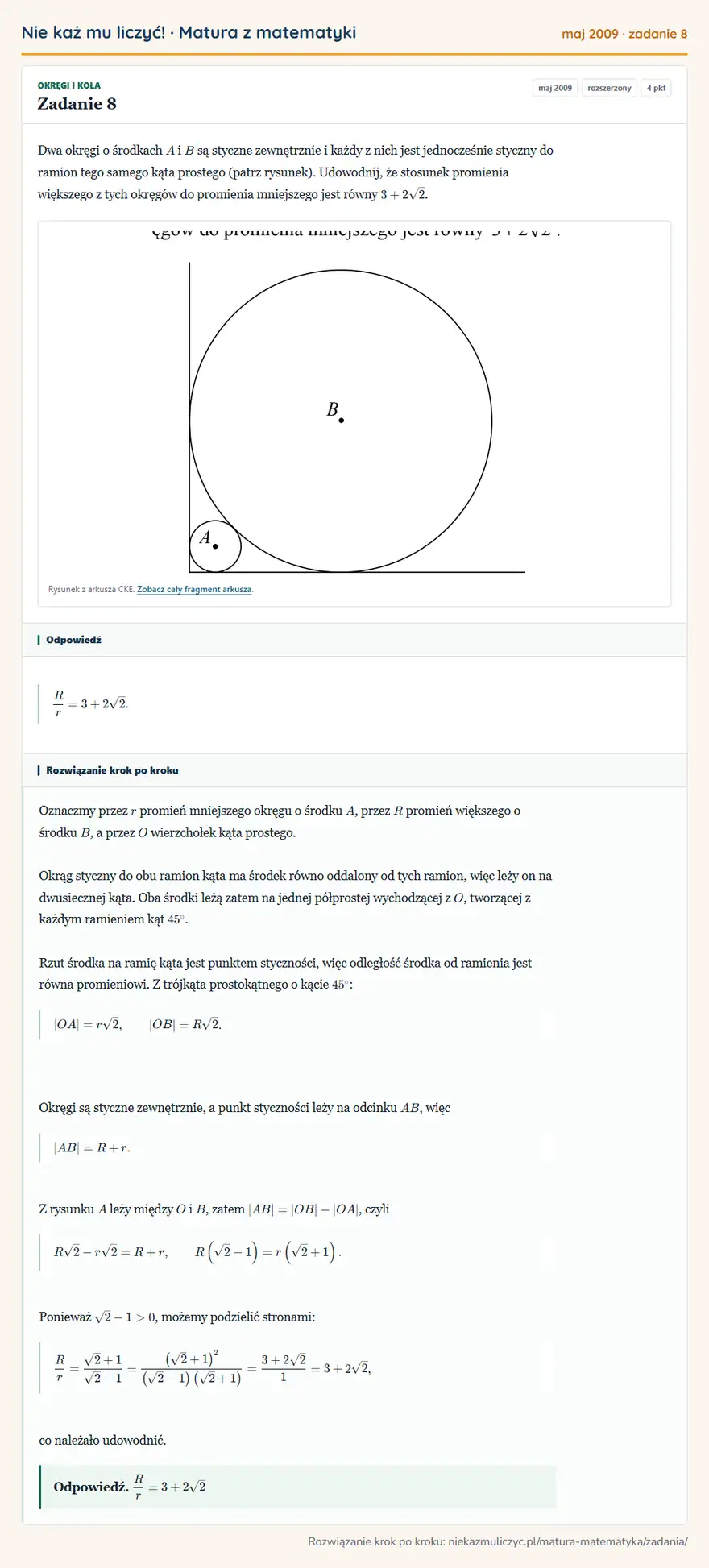 Rozwiązanie zadania 8 (matura z matematyki maj 2009): Dwa okręgi o środkach A i B są styczne zewnętrznie i każdy z nich jest jednocześnie styczny do ramion tego…