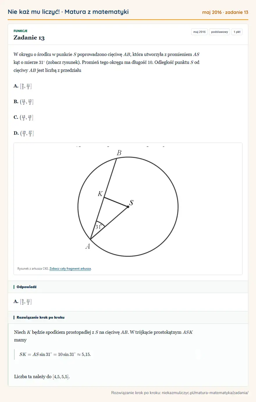 Rozwiązanie zadania 13 (matura z matematyki maj 2016): W okręgu o środku w punkcie S poprowadzono cięciwę AB, która utworzyła z promieniem AS kąt o mierze 31°…