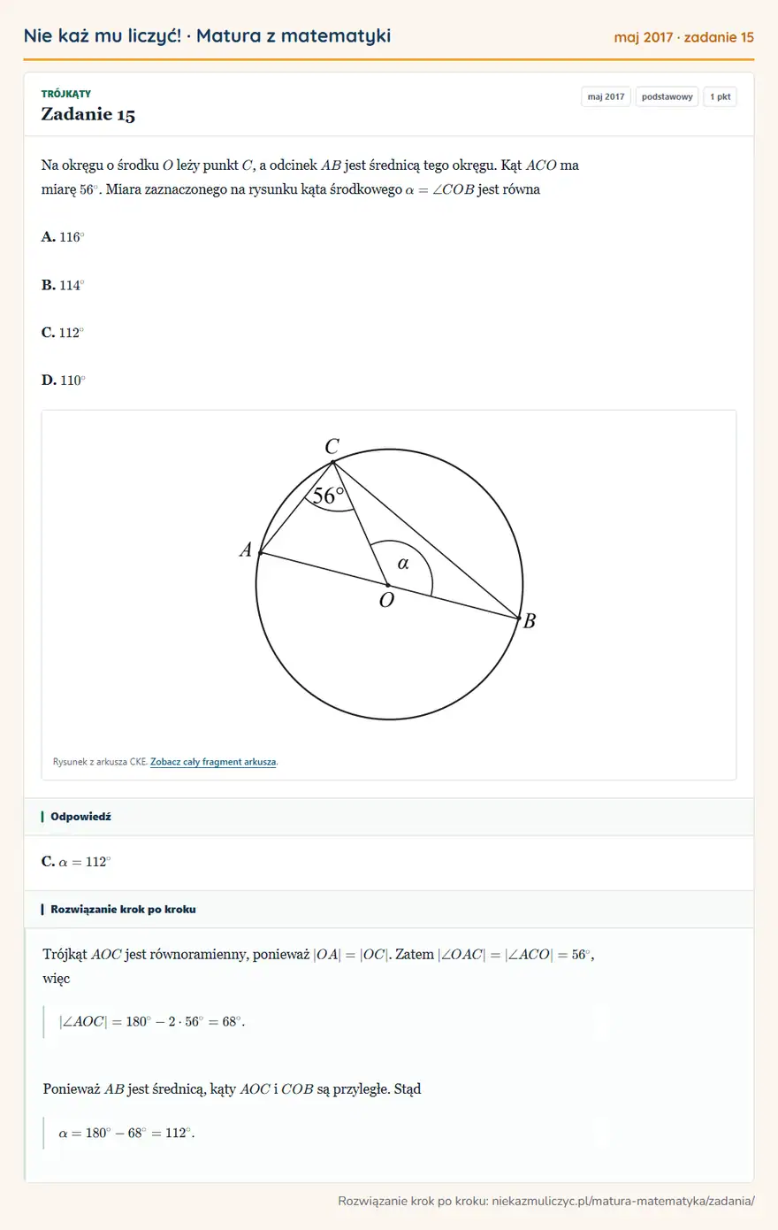 Rozwiązanie zadania 15 (matura z matematyki maj 2017): Na okręgu o środku O leży punkt C, a odcinek AB jest średnicą tego okręgu. Kąt ACO ma miarę 56°. Miara…