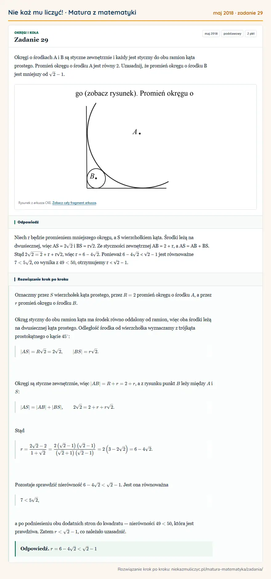 Rozwiązanie zadania 29 (matura z matematyki maj 2018): Okręgi o środkach A i B są styczne zewnętrznie i każdy jest styczny do obu ramion kąta prostego. Promień…