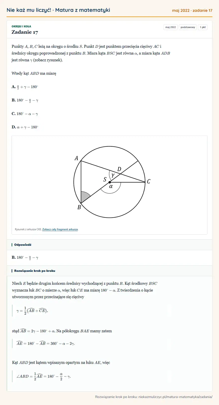 Rozwiązanie zadania 17 (matura z matematyki maj 2022): Punkty A, B, C leżą na okręgu o środku S. Punkt D jest punktem przecięcia cięciwy AC i średnicy okręgu…