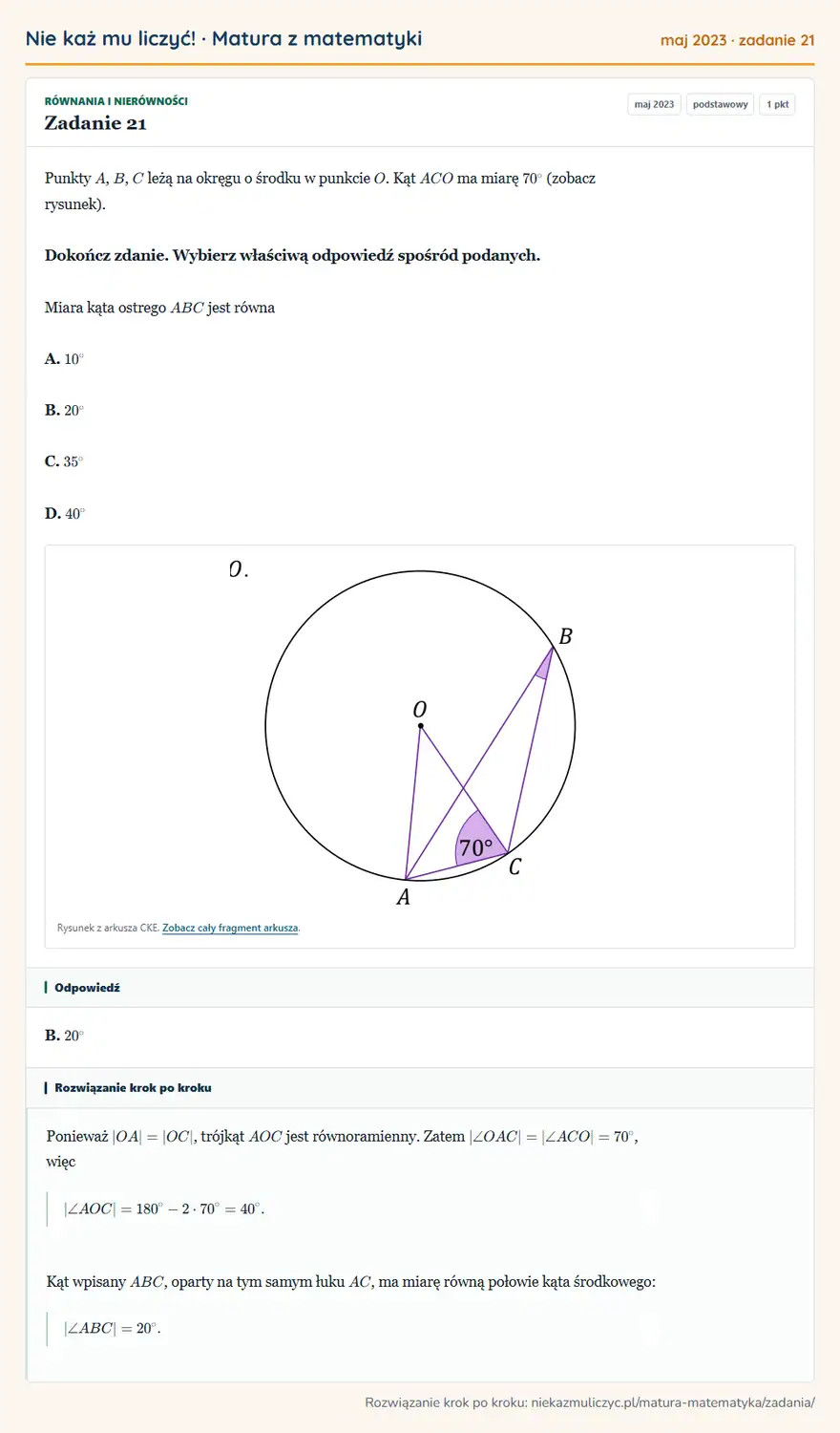 Rozwiązanie zadania 21 (matura z matematyki maj 2023): Punkty A, B, C leżą na okręgu o środku w punkcie O. Kąt ACO ma miarę 70° (zobacz rysunek). Dokończ zdanie…