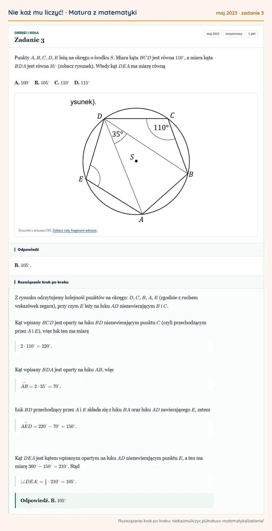 Rozwiązanie zadania 3 (matura z matematyki maj 2023): Punkty A, B, C, D, E leżą na okręgu o środku S. Miara kąta BCD jest równa 110°, a miara kąta BDA jest równa…