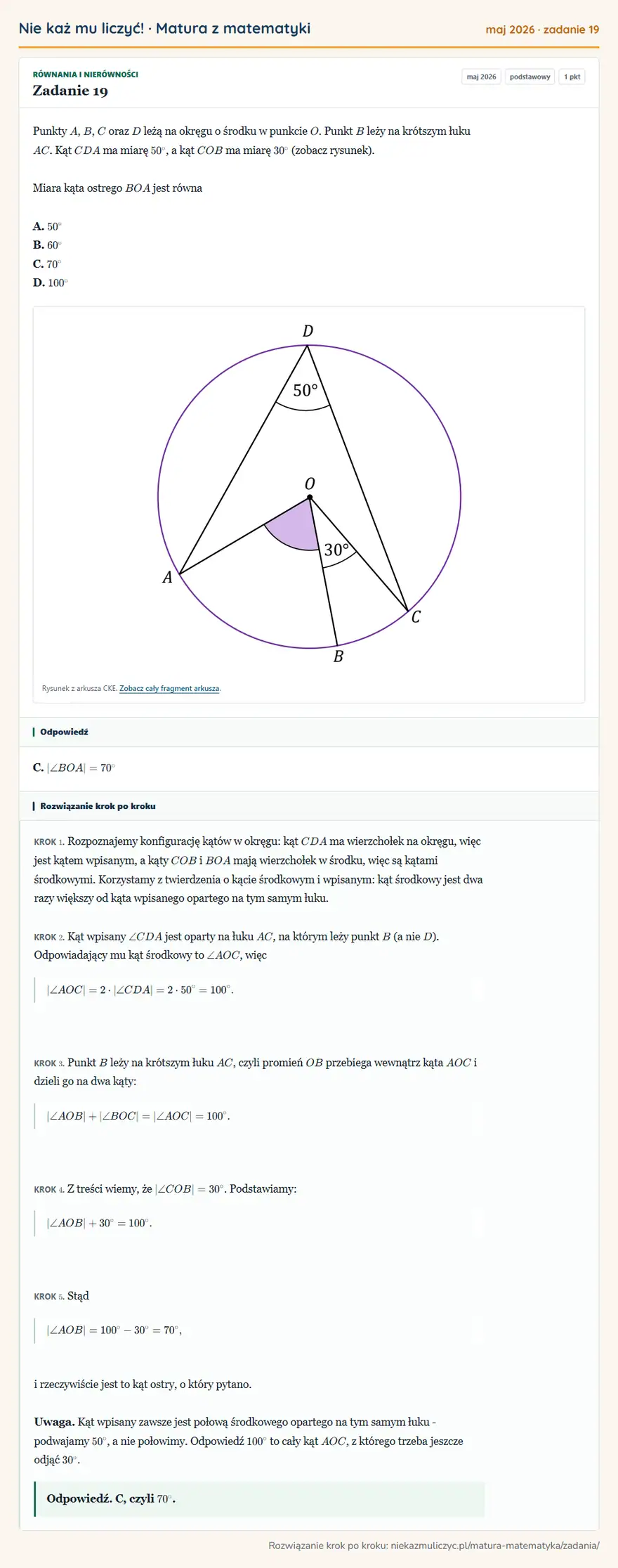 Rozwiązanie zadania 19 (matura z matematyki maj 2026): Punkty A, B, C oraz D leżą na okręgu o środku w punkcie O. Punkt B leży na krótszym łuku AC. Kąt CDA ma miarę…