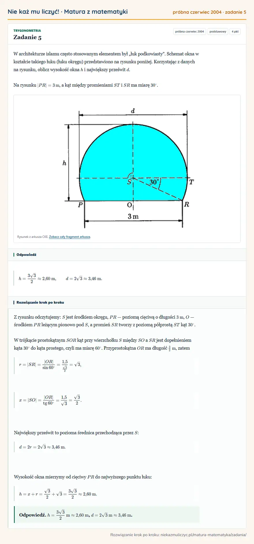 Rozwiązanie zadania 5 (matura z matematyki próbna czerwiec 2004): W architekturze islamu często stosowanym elementem był „łuk podkowiasty”. Schemat okna w kształcie takiego…