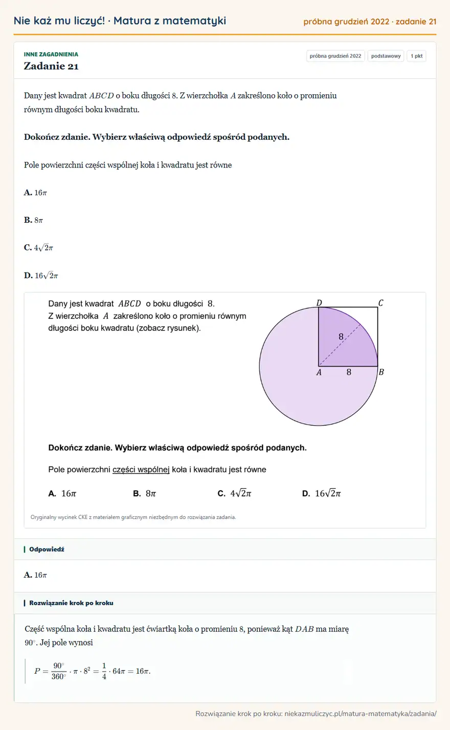 Rozwiązanie zadania 21 (matura z matematyki próbna grudzień 2022): Dany jest kwadrat ABCD o boku długości 8. Z wierzchołka A zakreślono koło o promieniu równym długości boku…