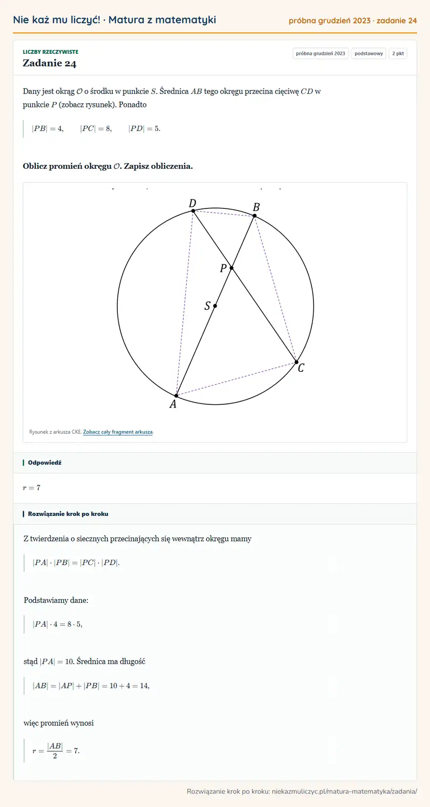 Rozwiązanie zadania 24 (matura z matematyki próbna grudzień 2023): Dany jest okrąg O o środku w punkcie S. Średnica AB tego okręgu przecina cięciwę CD w punkcie P (zobacz…