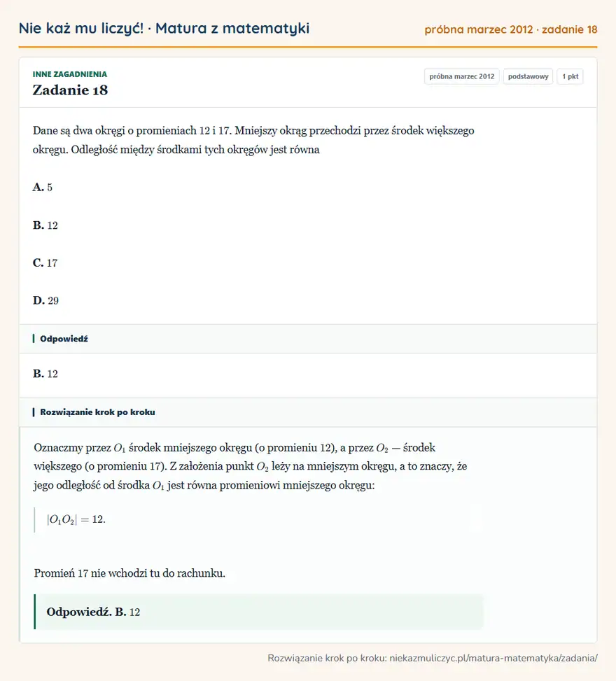 Rozwiązanie zadania 18 (matura z matematyki próbna marzec 2012): Dane są dwa okręgi o promieniach 12 i 17. Mniejszy okrąg przechodzi przez środek większego okręgu. Odległość…