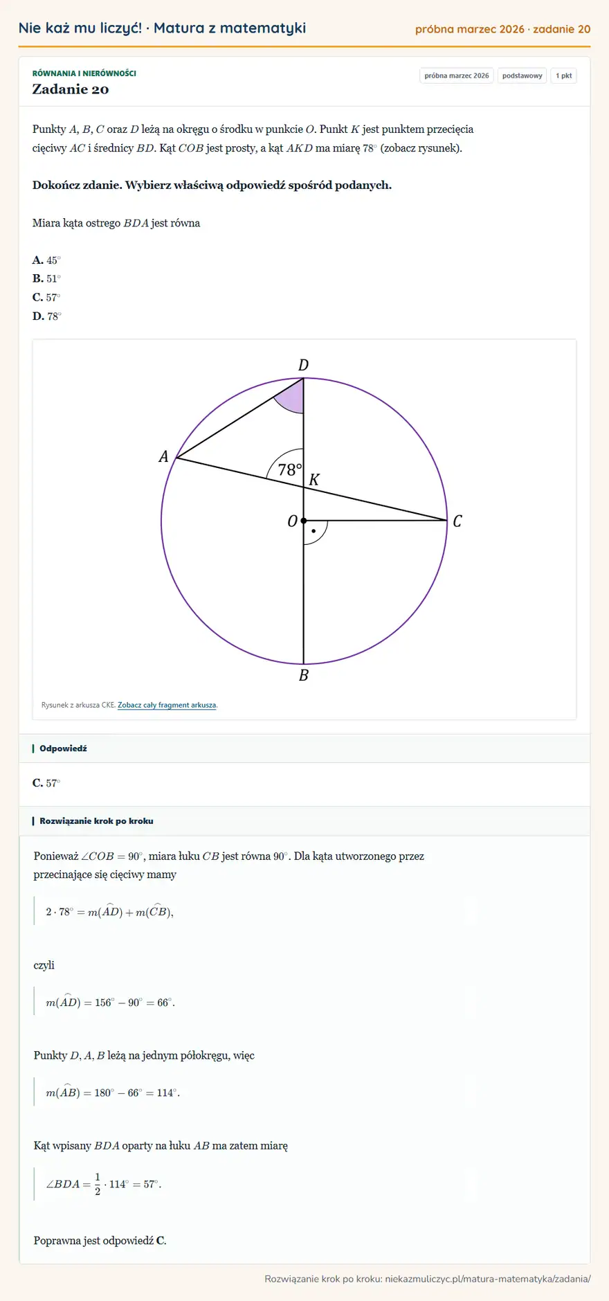 Rozwiązanie zadania 20 (matura z matematyki próbna marzec 2026): Punkty A, B, C oraz D leżą na okręgu o środku w punkcie O. Punkt K jest punktem przecięcia cięciwy AC i…