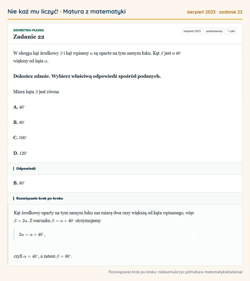 Rozwiązanie zadania 22 (matura z matematyki sierpień 2023): W okręgu kąt środkowy β i kąt wpisany α są oparte na tym samym łuku. Kąt β jest o 40° większy od kąta α…