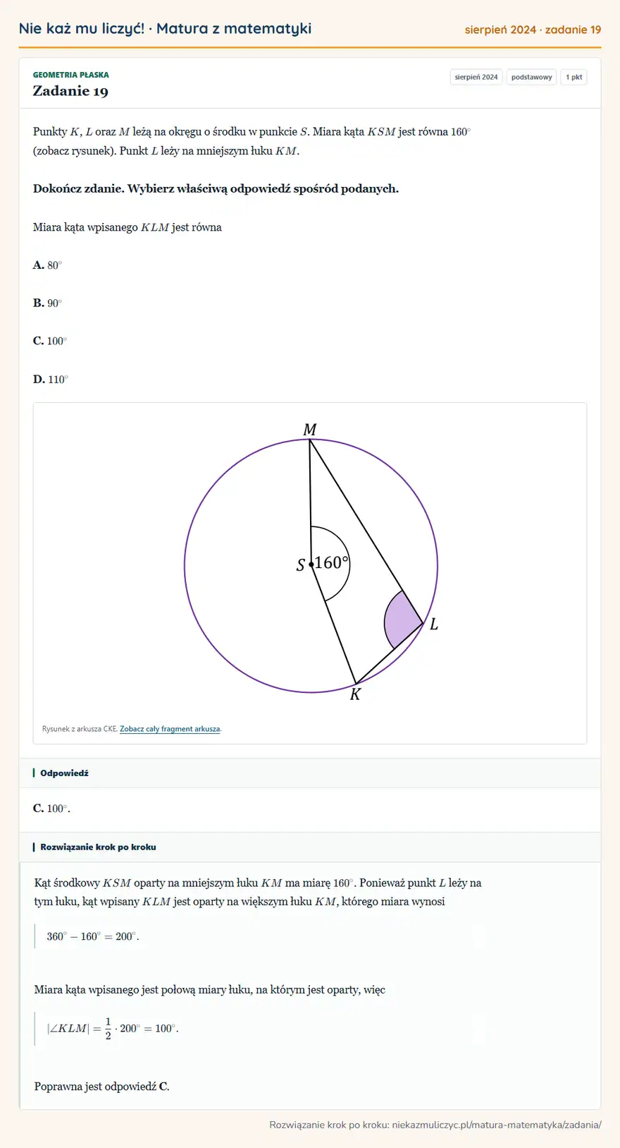 Rozwiązanie zadania 19 (matura z matematyki sierpień 2024): Punkty K, L oraz M leżą na okręgu o środku w punkcie S. Miara kąta KSM jest równa 160° (zobacz rysunek)…