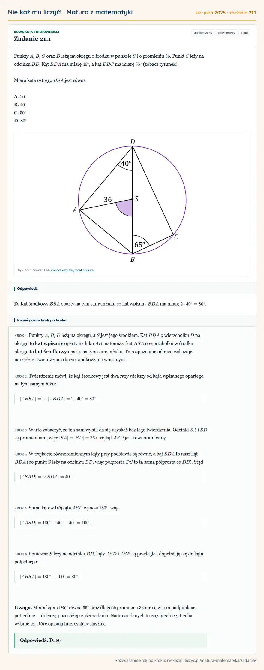 Rozwiązanie zadania 21.1 (matura z matematyki sierpień 2025): Punkty A, B, C oraz D leżą na okręgu o środku w punkcie S i o promieniu 36. Punkt S leży na odcinku BD. Kąt…