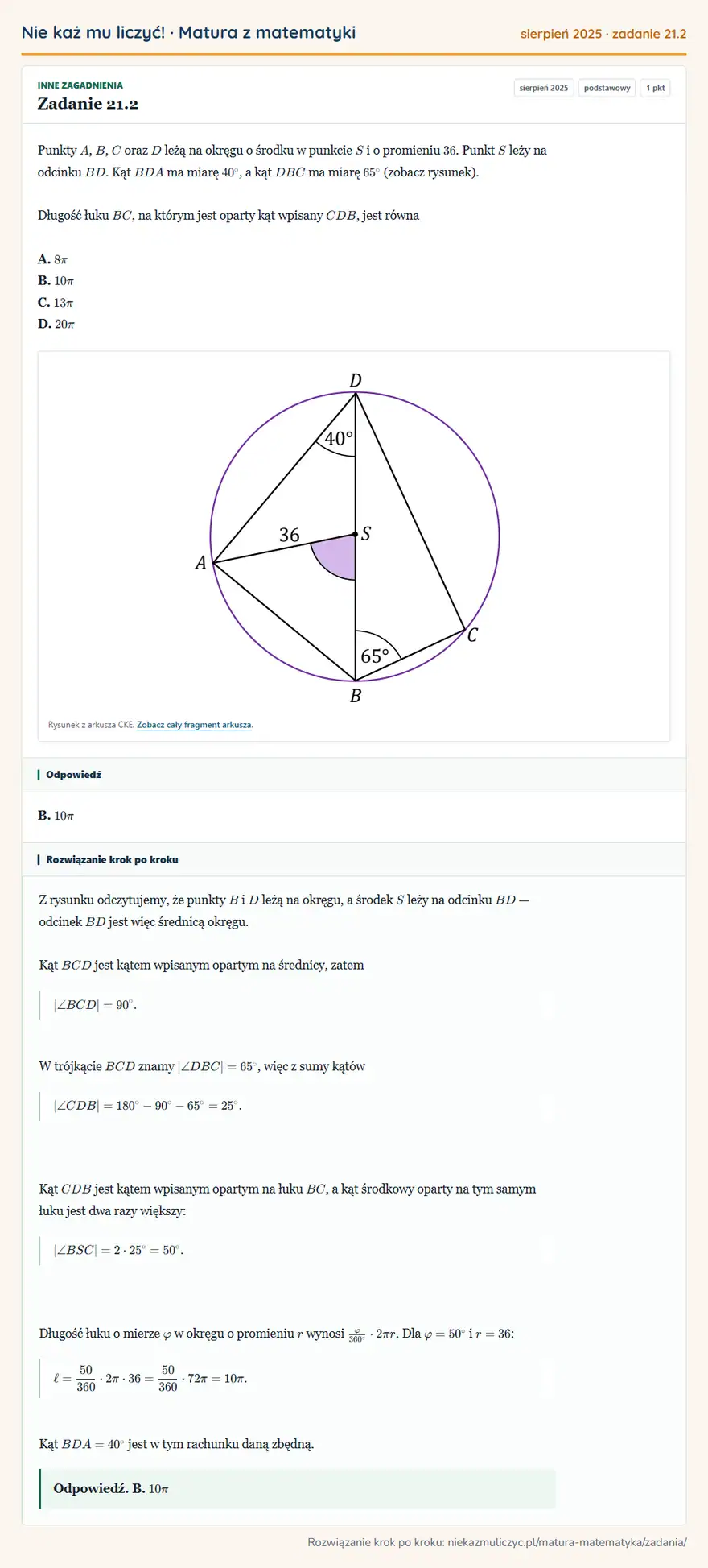 Rozwiązanie zadania 21.2 (matura z matematyki sierpień 2025): Punkty A, B, C oraz D leżą na okręgu o środku w punkcie S i o promieniu 36. Punkt S leży na odcinku BD. Kąt…