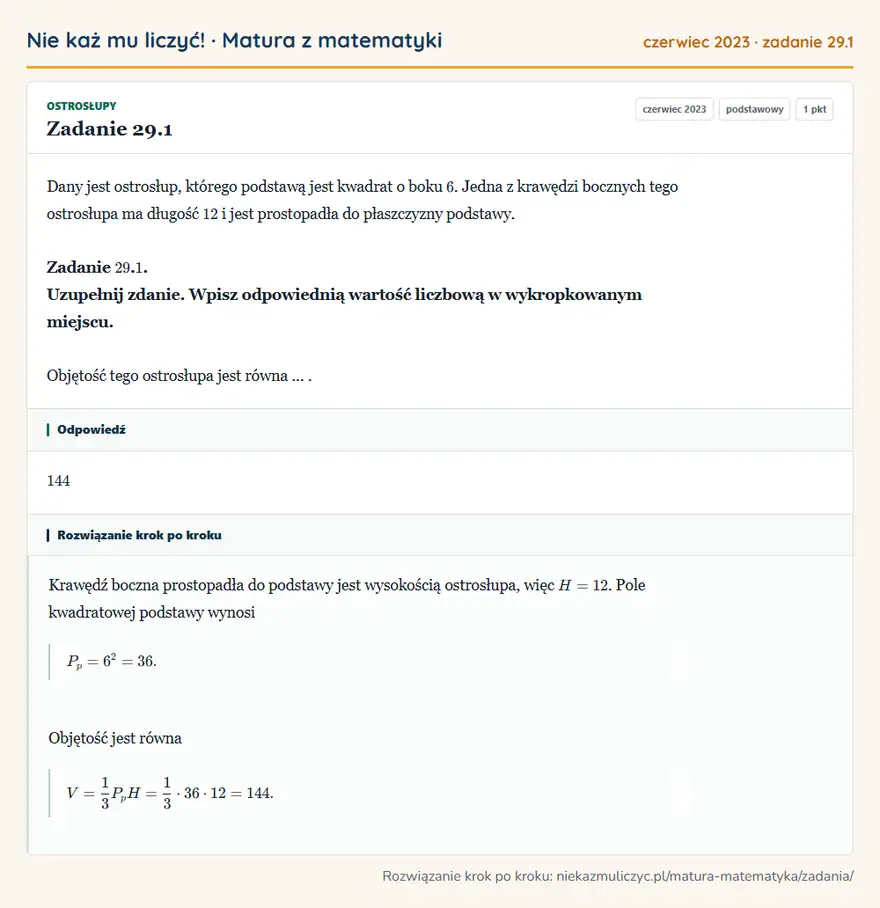 Rozwiązanie zadania 29.1 (matura z matematyki czerwiec 2023): Dany jest ostrosłup, którego podstawą jest kwadrat o boku 6. Jedna z krawędzi bocznych tego ostrosłupa ma…