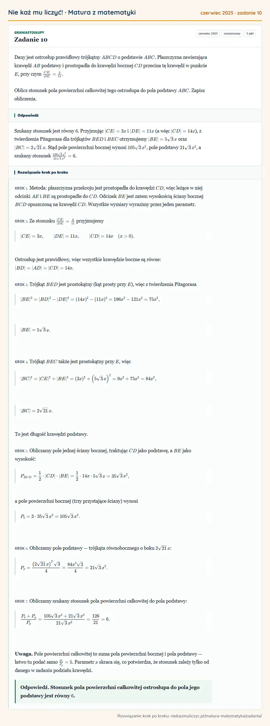 Rozwiązanie zadania 10 (matura z matematyki czerwiec 2025): Dany jest ostrosłup prawidłowy trójkątny ABCD o podstawie ABC. Płaszczyzna zawierająca krawędź AB podstawy i…
