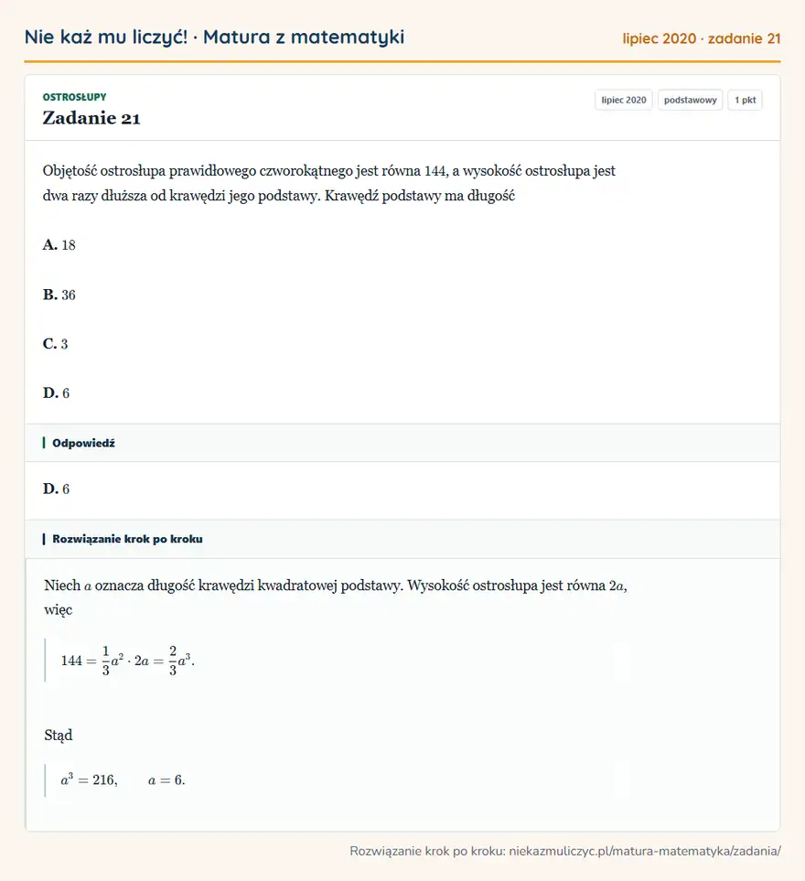 Rozwiązanie zadania 21 (matura z matematyki lipiec 2020): Objętość ostrosłupa prawidłowego czworokątnego jest równa 144, a wysokość ostrosłupa jest dwa razy dłuższa od…