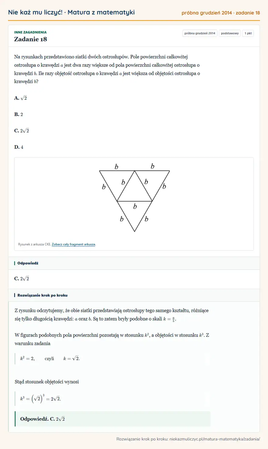 Rozwiązanie zadania 18 (matura z matematyki próbna grudzień 2014): Na rysunkach przedstawiono siatki dwóch ostrosłupów. Pole powierzchni całkowitej ostrosłupa o krawędzi a jest…