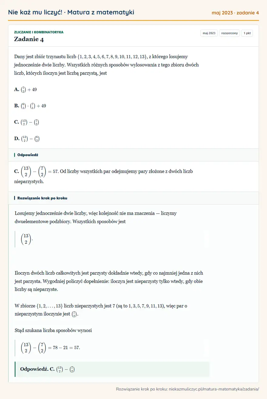 Rozwiązanie zadania 4 (matura z matematyki maj 2023): Dany jest zbiór trzynastu liczb \1,2,3,4,5,6,7,8,9,10,11,12,13, z którego losujemy jednocześnie dwie liczby…