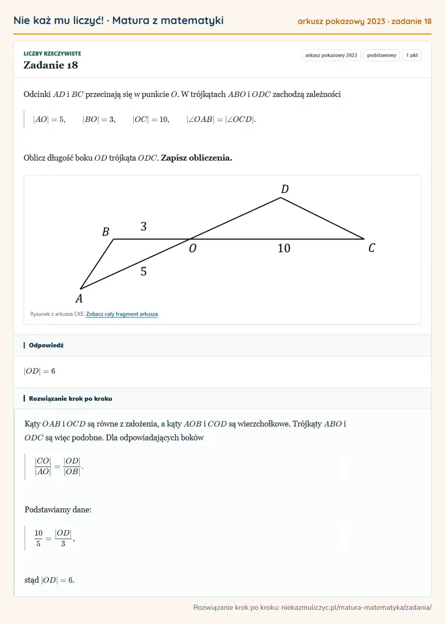 Rozwiązanie zadania 18, matura z matematyki, arkusz pokazowy 2023, poziom podstawowy: Odcinki AD i BC przecinają się w punkcie O. W trójkątach ABO i ODC zachodzą zależności |AO|=5, |BO|=3… Odpowiedź: |OD|=6