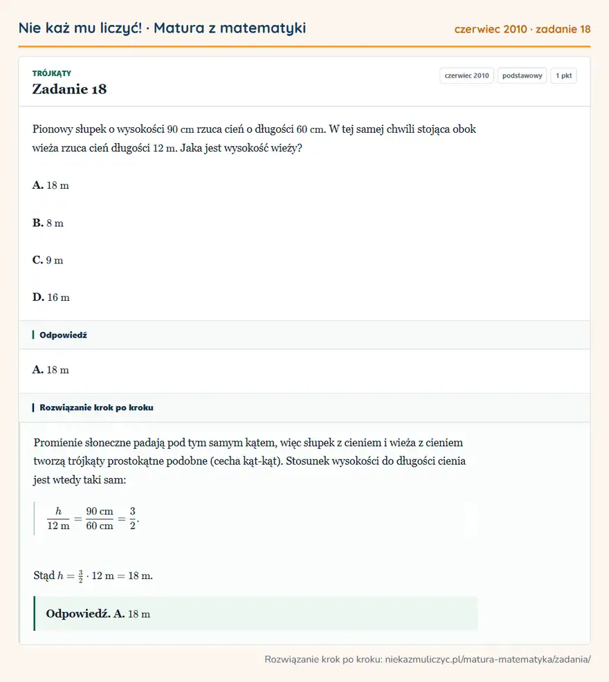 Rozwiązanie zadania 18 (matura z matematyki czerwiec 2010): Pionowy słupek o wysokości 90 cm rzuca cień o długości 60 cm. W tej samej chwili stojąca obok wieża rzuca…