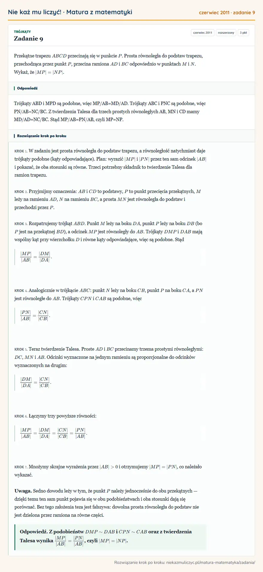Rozwiązanie zadania 9 (matura z matematyki czerwiec 2011): Przekątne trapezu ABCD przecinają się w punkcie P. Prosta równoległa do podstaw trapezu, przechodząca przez…