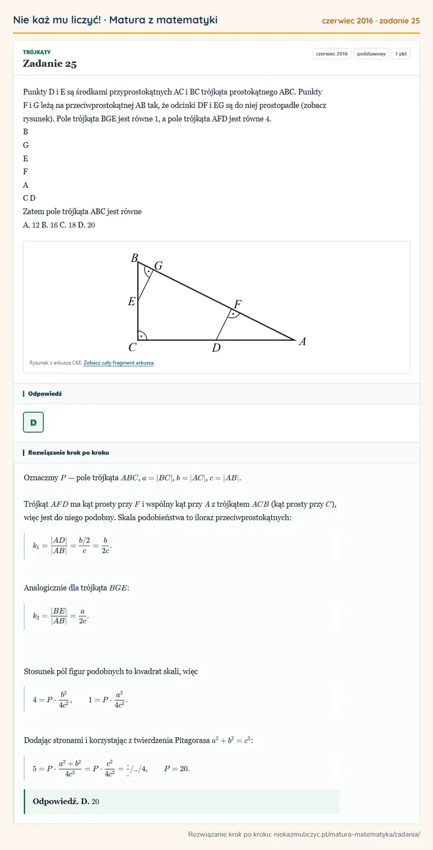 Rozwiązanie zadania 25 (matura z matematyki czerwiec 2016): Punkty D i E są środkami przyprostokątnych AC i BC trójkąta prostokątnego ABC. Punkty F i G leżą na…