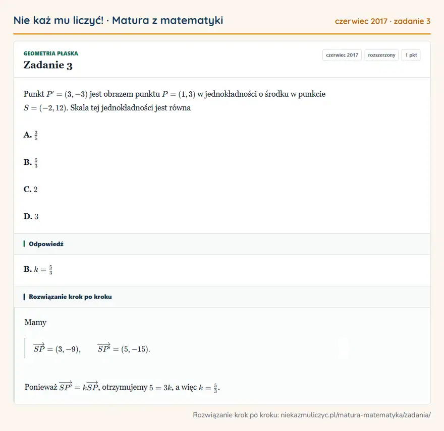 Rozwiązanie zadania 3 (matura z matematyki czerwiec 2017): Punkt P'=(3,-3) jest obrazem punktu P=(1,3) w jednokładności o środku w punkcie S=(-2,12). Skala tej…