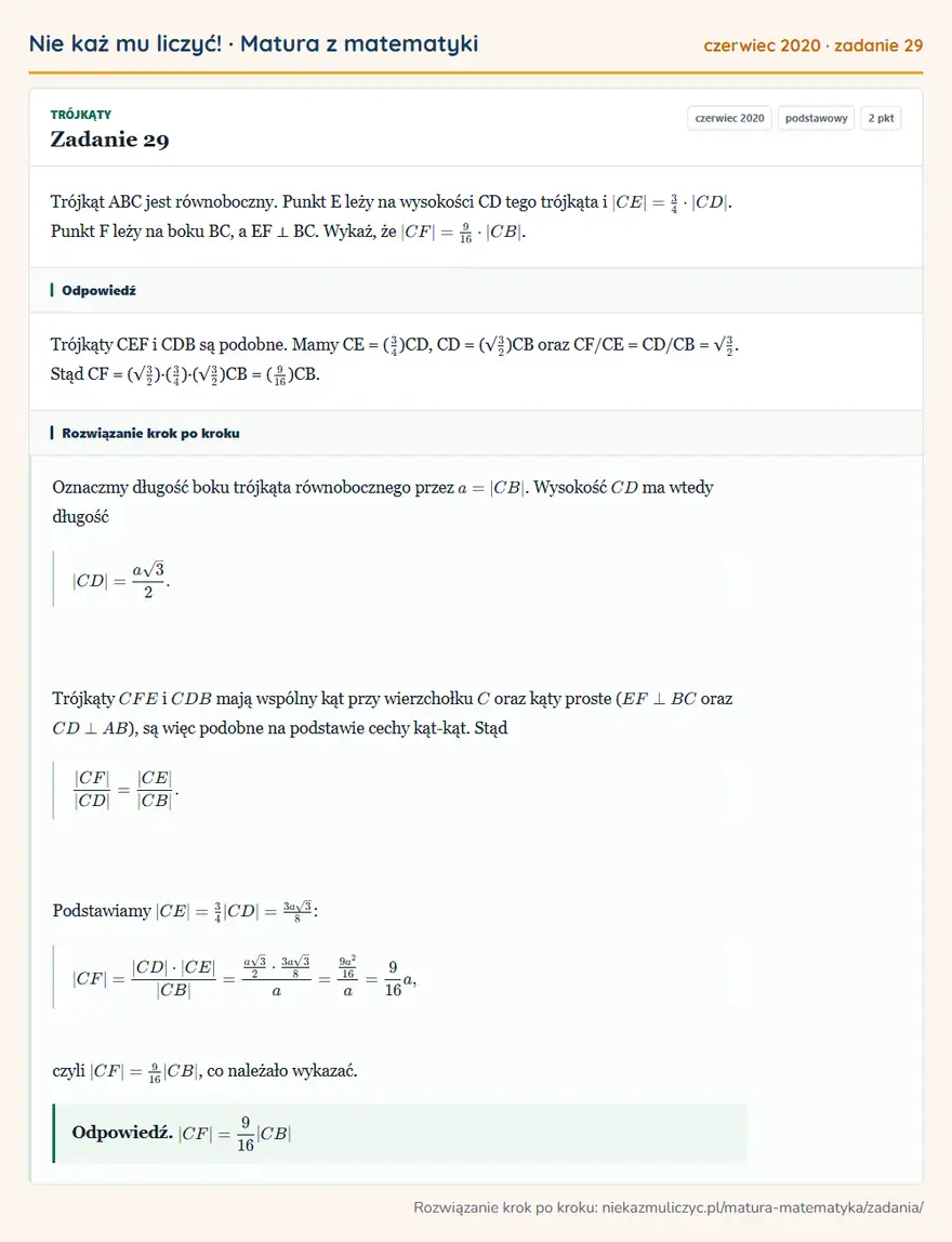 Rozwiązanie zadania 29 (matura z matematyki czerwiec 2020): Trójkąt ABC jest równoboczny. Punkt E leży na wysokości CD tego trójkąta i |CE| = 3/4 · |CD|. Punkt F leży na…